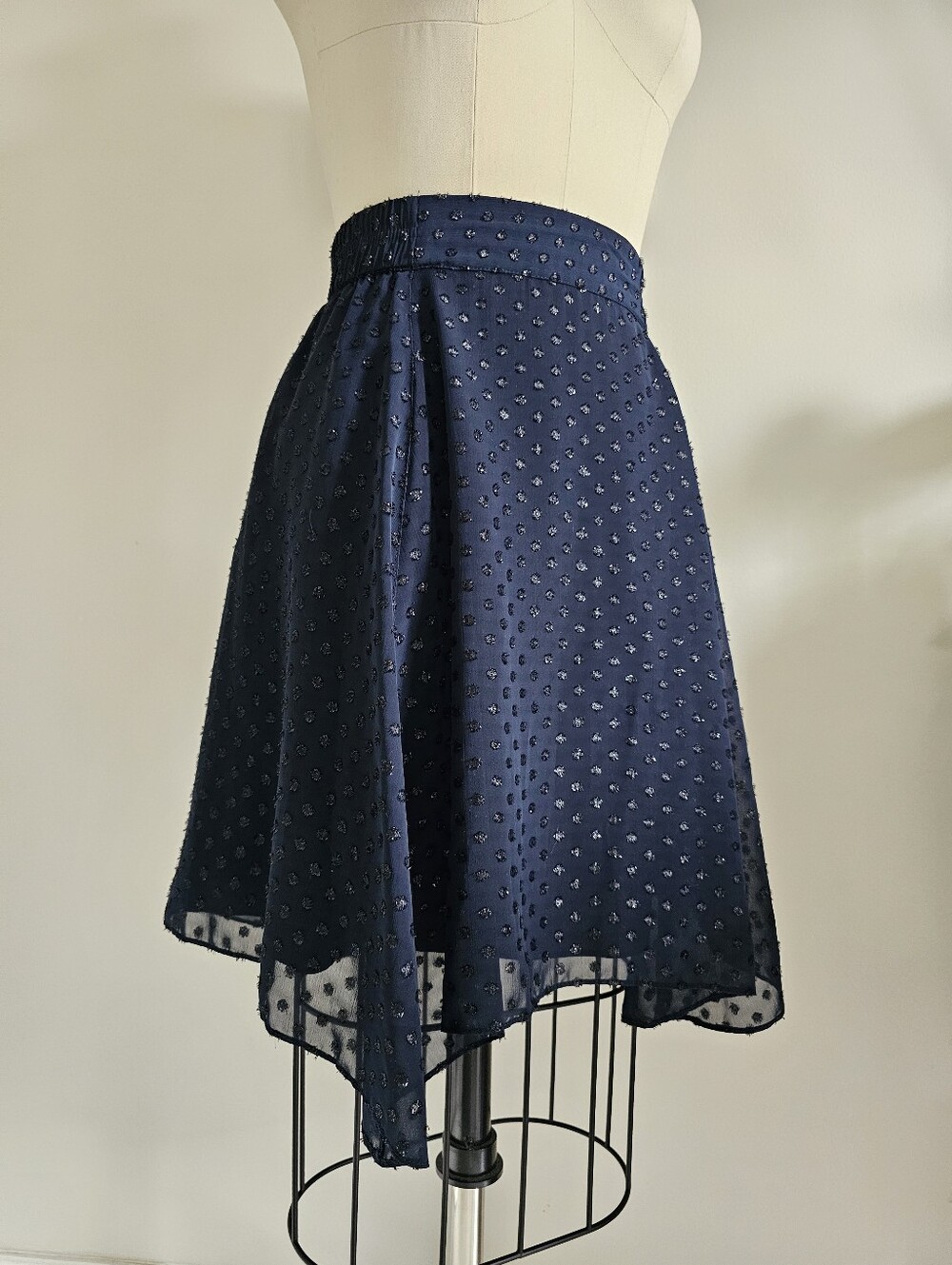 Navy blue handkerchief hem chiffon skirt with metallic polka dots